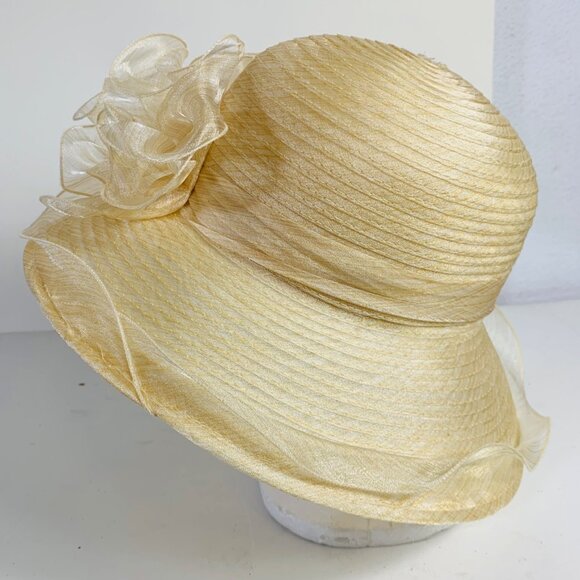 Bellady Wide Brim Church Hat VTG Champagne Wedding Sinamay Formal Church Derby - Picture 7 of 11